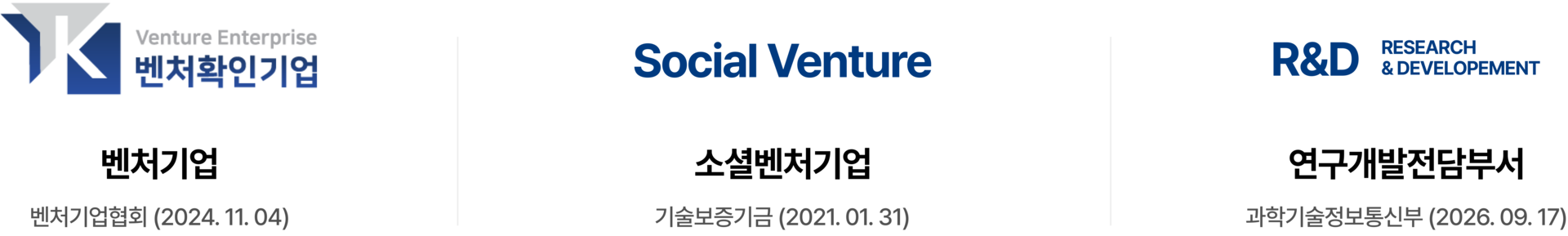 나이비 인증 현황: 벤처기업 확인(벤처기업협회, 2024.11.04), 소셜벤처(기술보증기금, 2021.01.31), 연구개발전담부서(과학기술정보통신부, 2026.09.17)